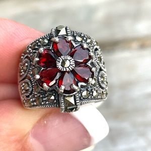 Vintage Garnet Marcasite Sterling Silver 925 Statement Ring 6 CFJ- Dianes estate